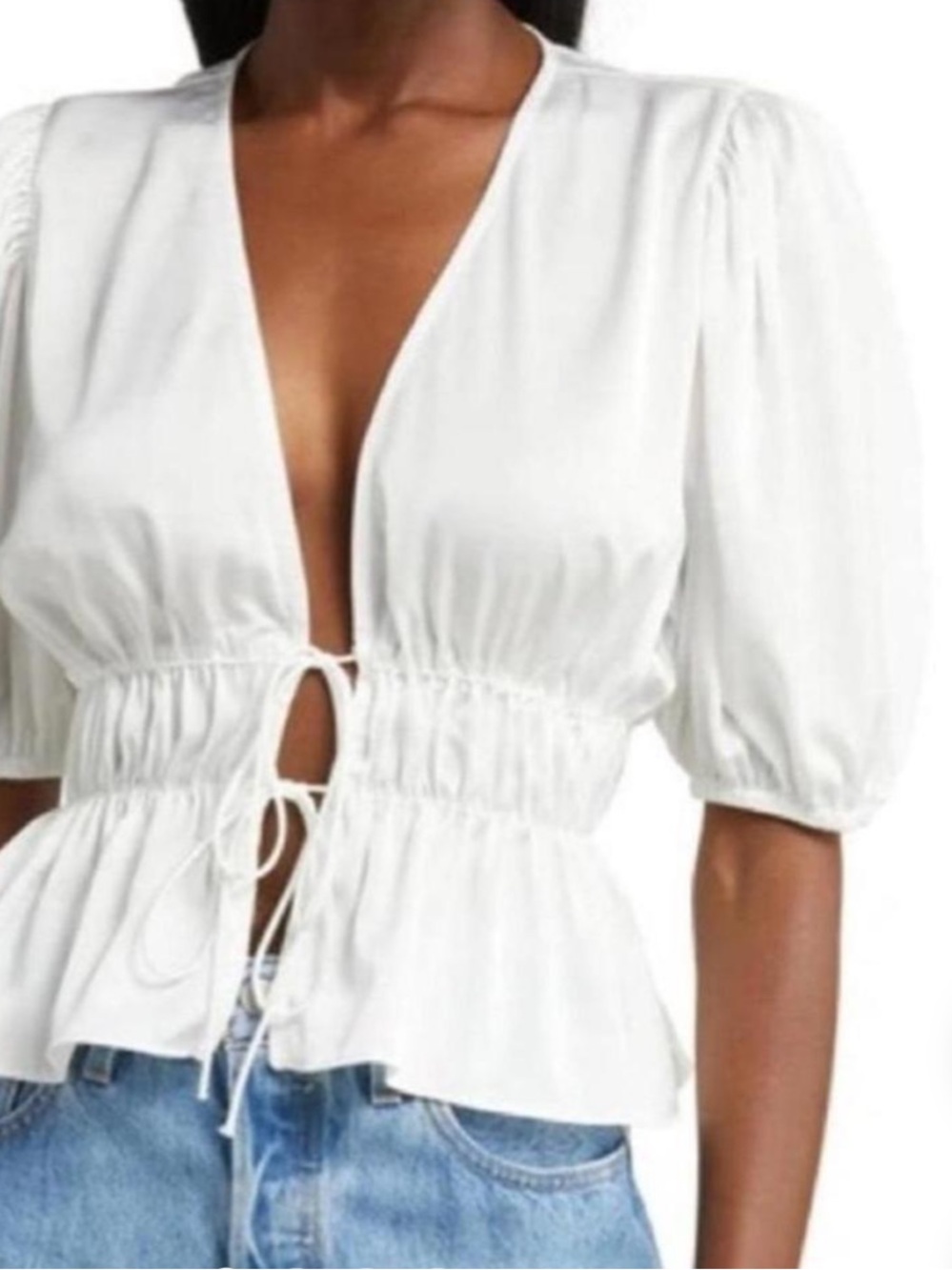 REVOLVE Wayf White Satin V-Neck Cinched Peplum Blouse